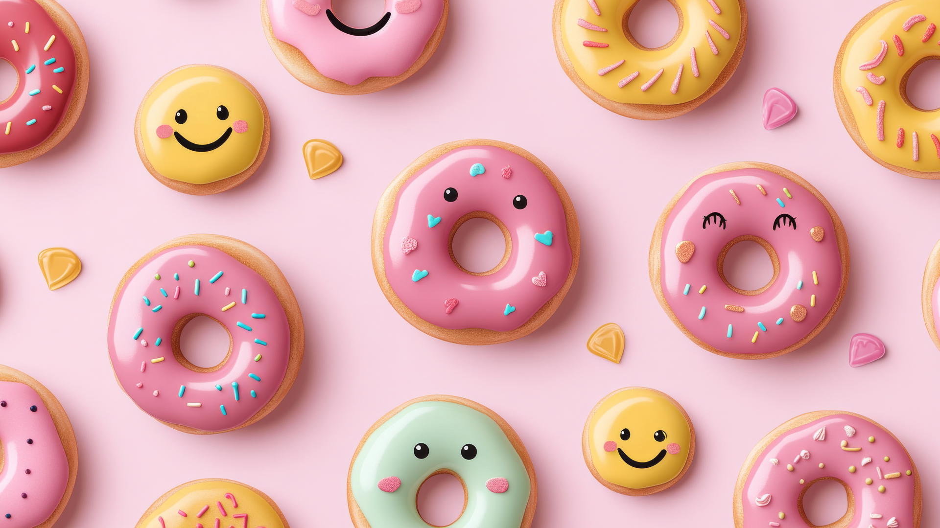 pink preppy wallpaper with smiley face donuts and colorful glaze on light pink background