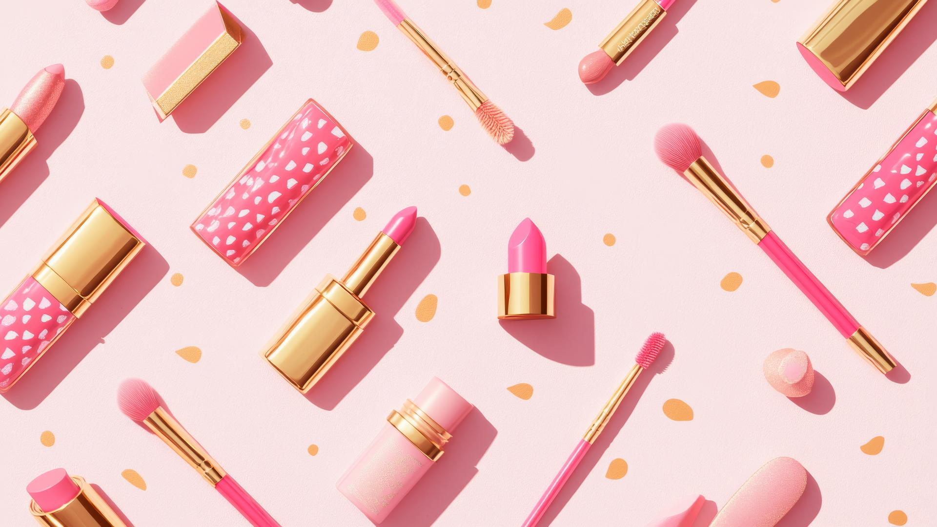 preppy wallpaper pink with chic pattern of pink and gold makeup items