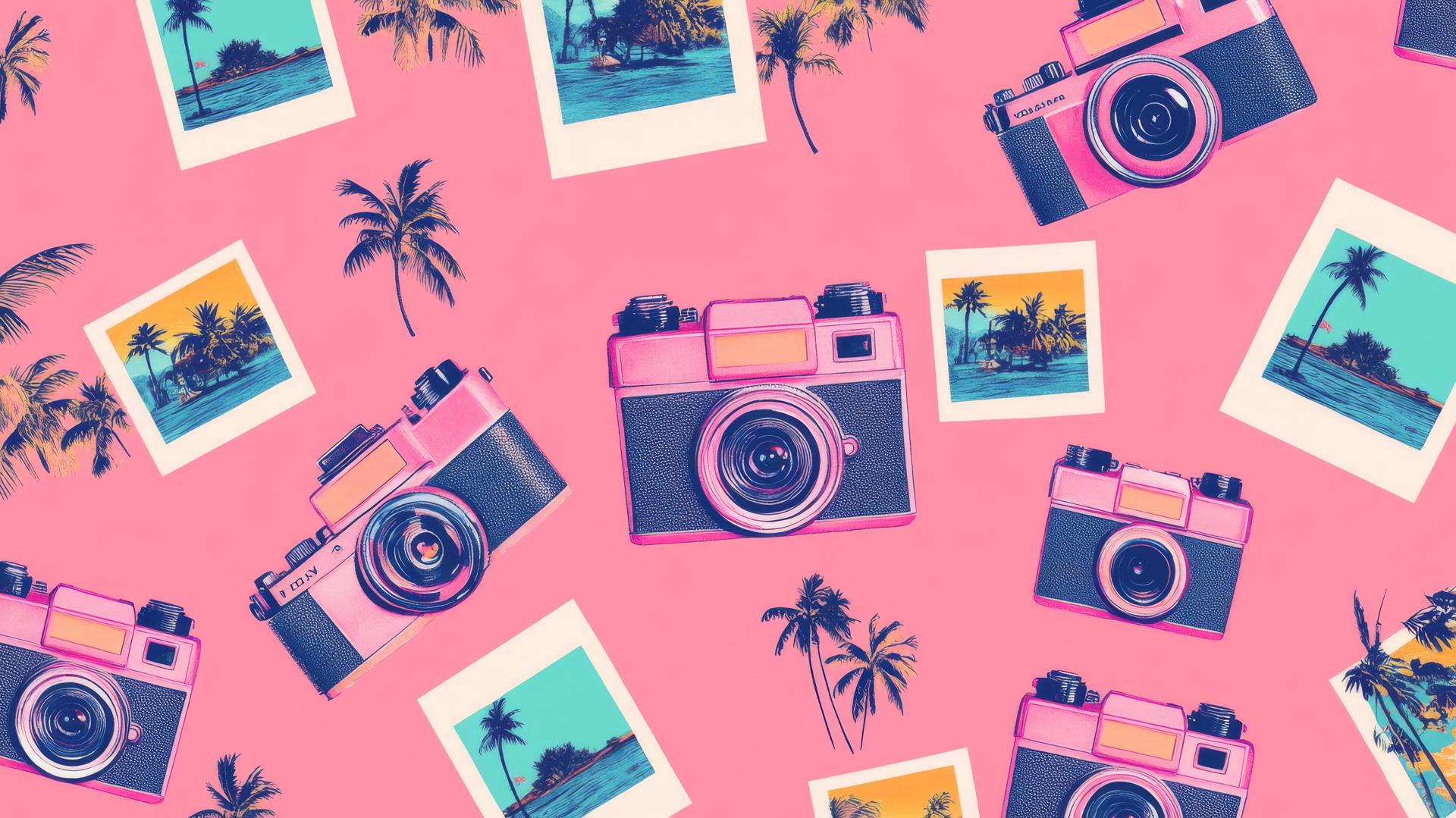 Preppy wallpaper pink with pink polaroid cameras and tropical sunsets