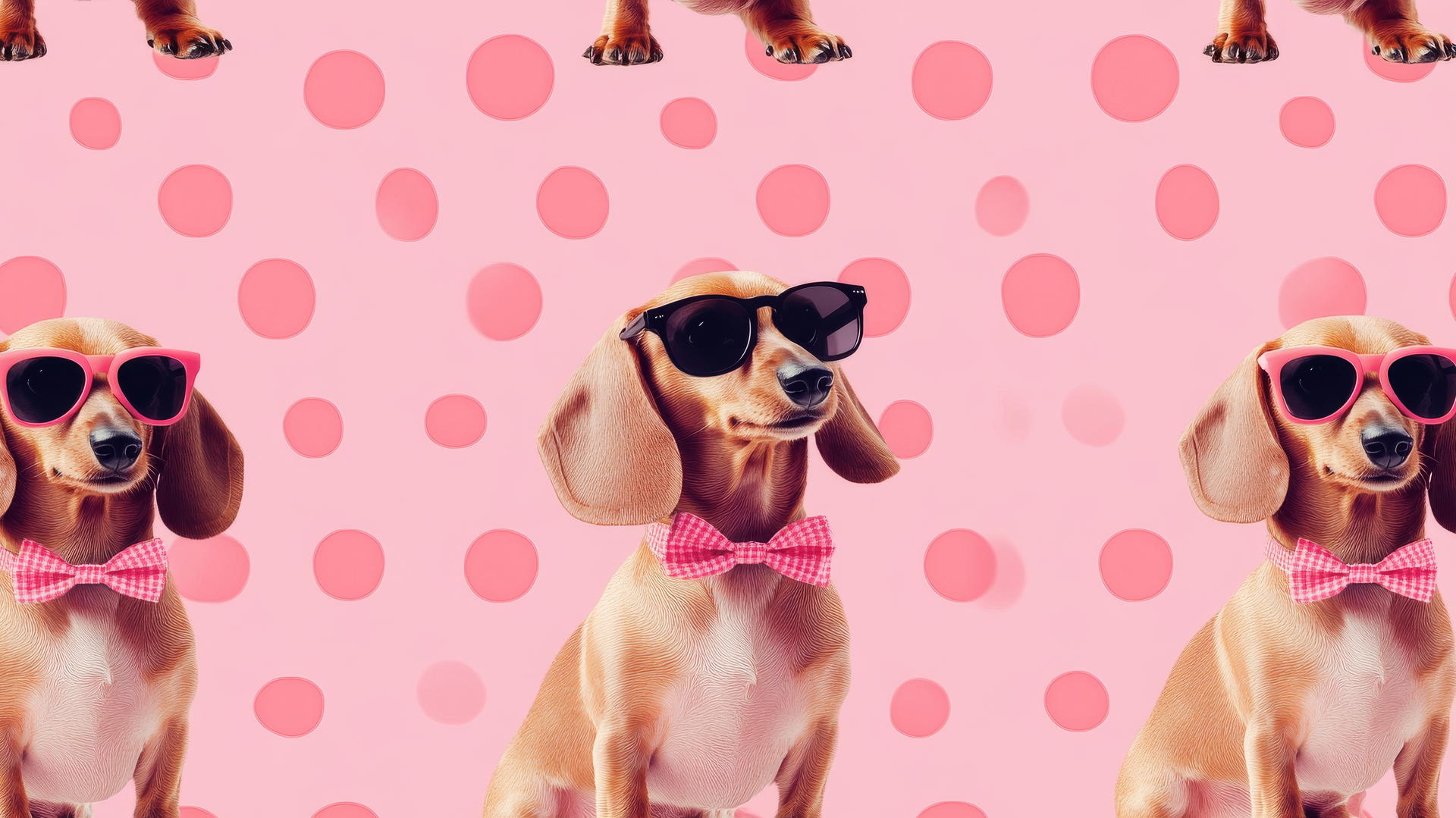 Preppy pink wallpaper with playful pink dachshunds in bow ties and sunglasses on a polka-dotted background