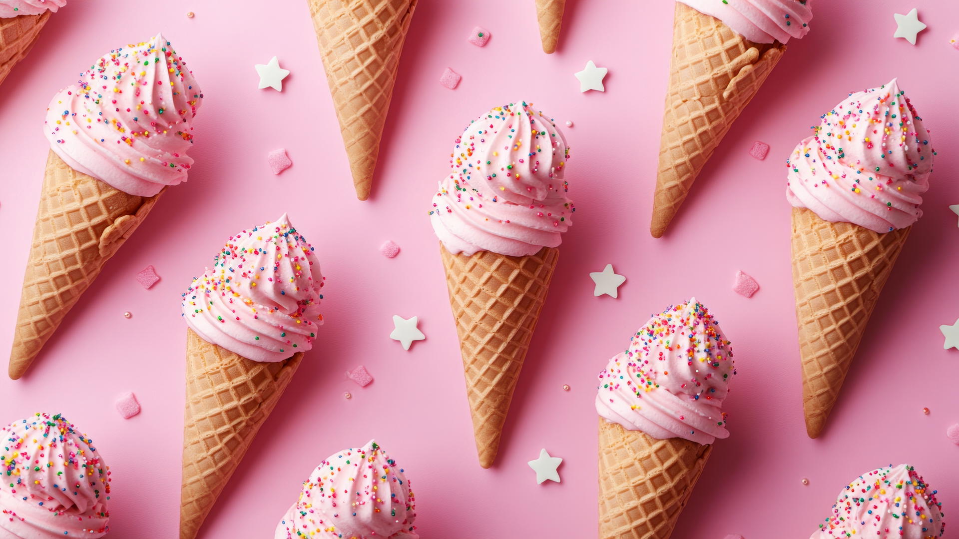 preppy pink wallpaper with ice cream cones, sprinkles, and white stars