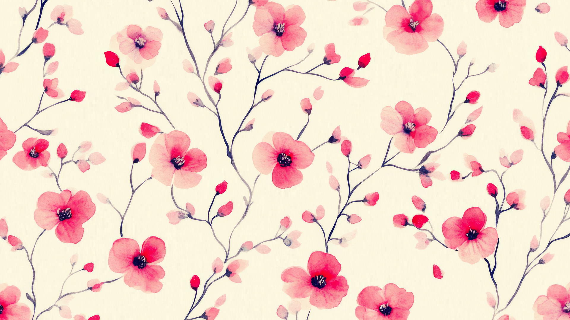 Preppy pink wallpaper with small pink flowers on a cream background.