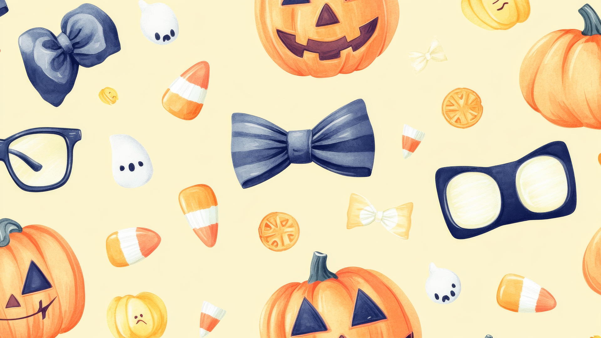 fun halloween preppy wallpaper with ghostly bow ties, candy corn cufflinks, jack-o'-lanterns