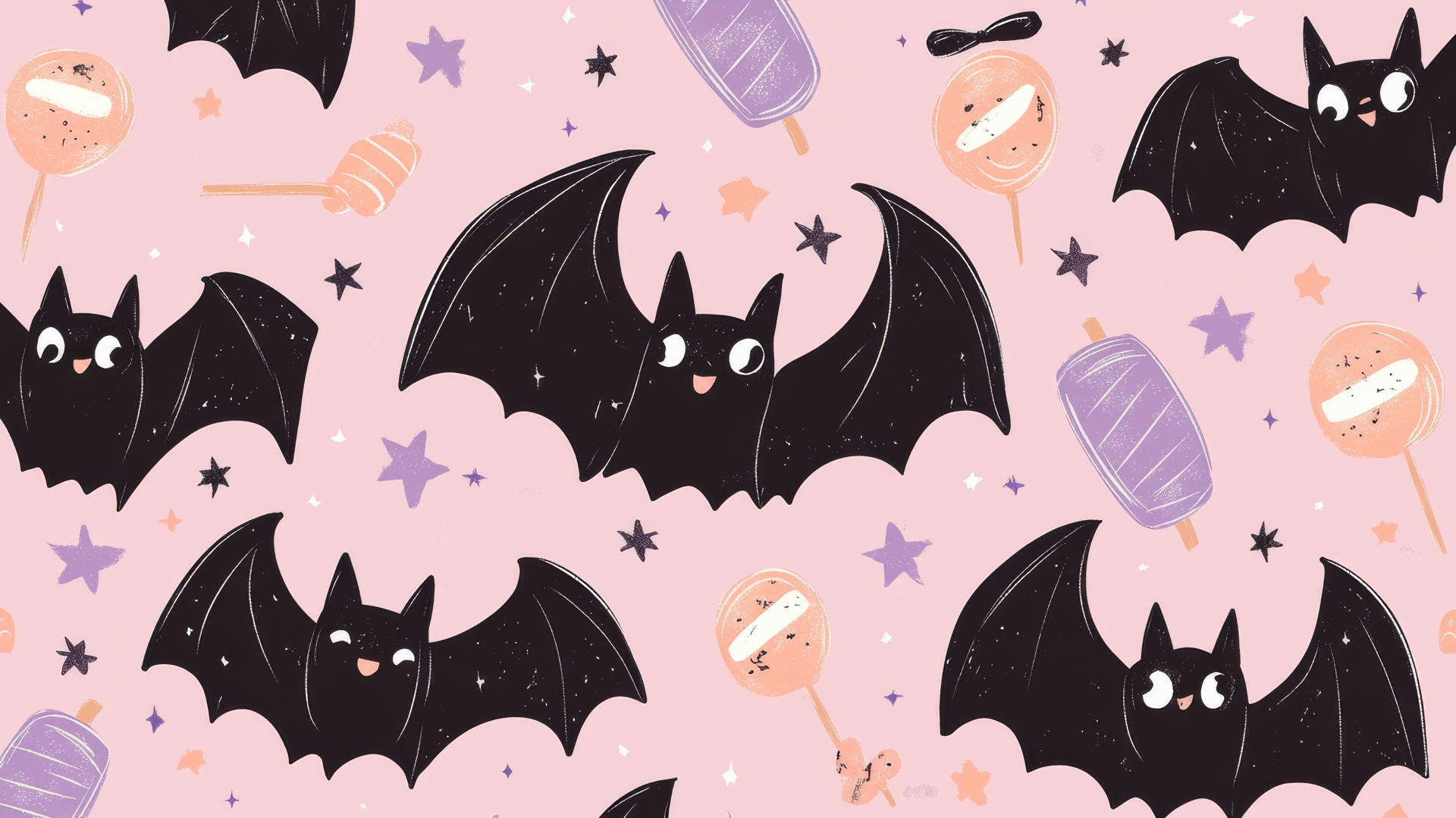 Seamless halloween wallpaper preppy pattern with friendly bats, candy, and stars on pastel lilac background.