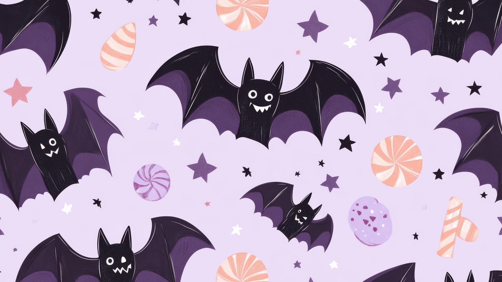 halloween wallpaper preppy with friendly bats, candy, and stars on pastel lilac background