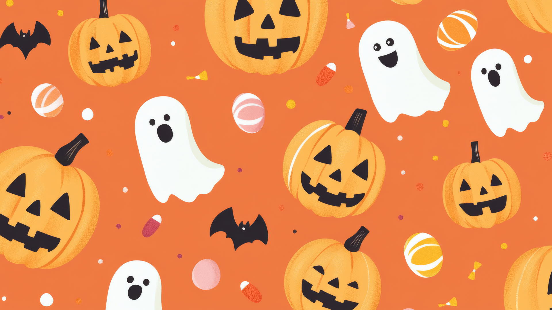 Halloween wallpaper preppy with jack-o'-lanterns, friendly ghosts, and candy on pastel orange background.