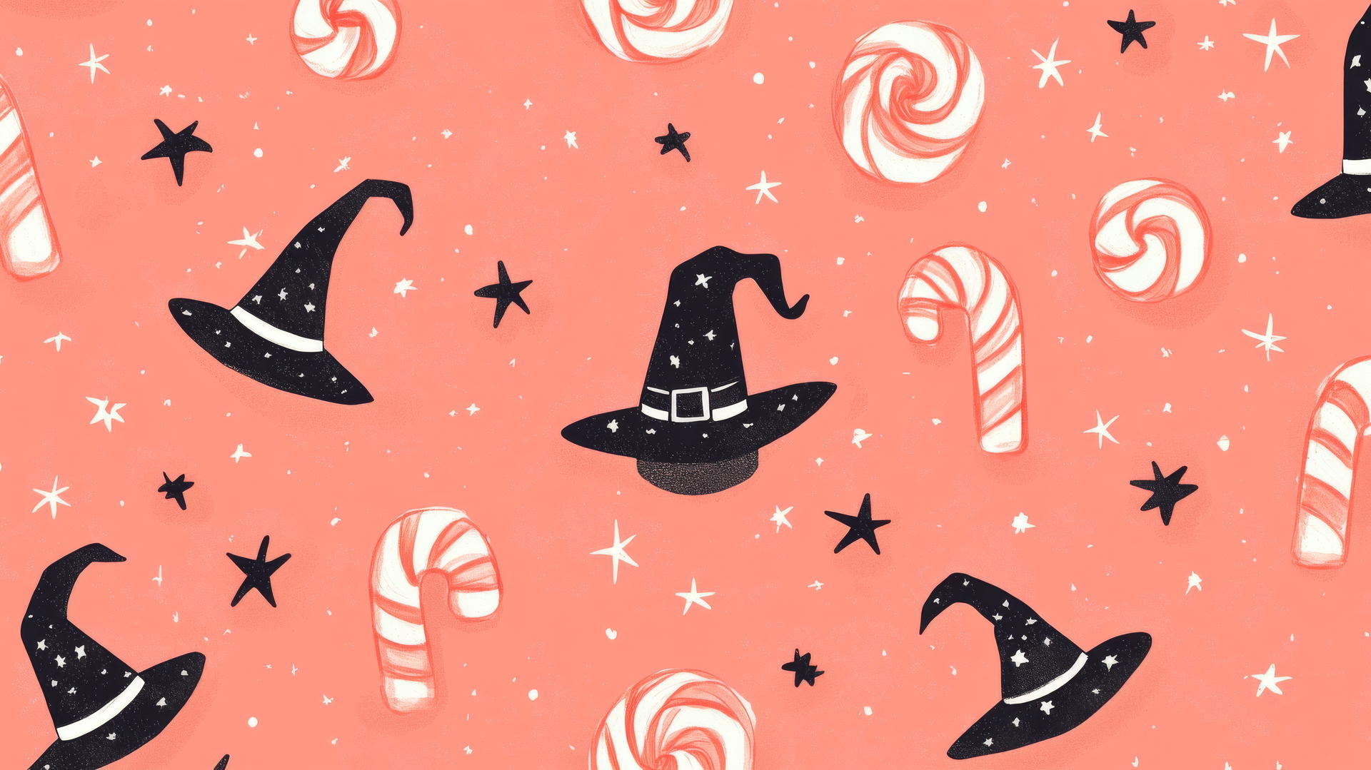 preppy wallpaper halloween with witches, candy canes, and stars on a pastel coral background