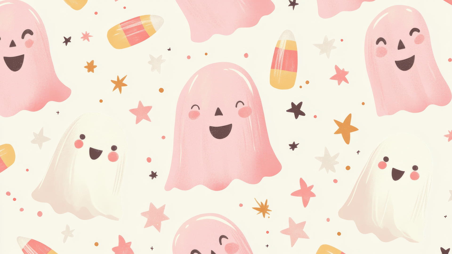 preppy halloween wallpaper with pink ghosts and candy corn