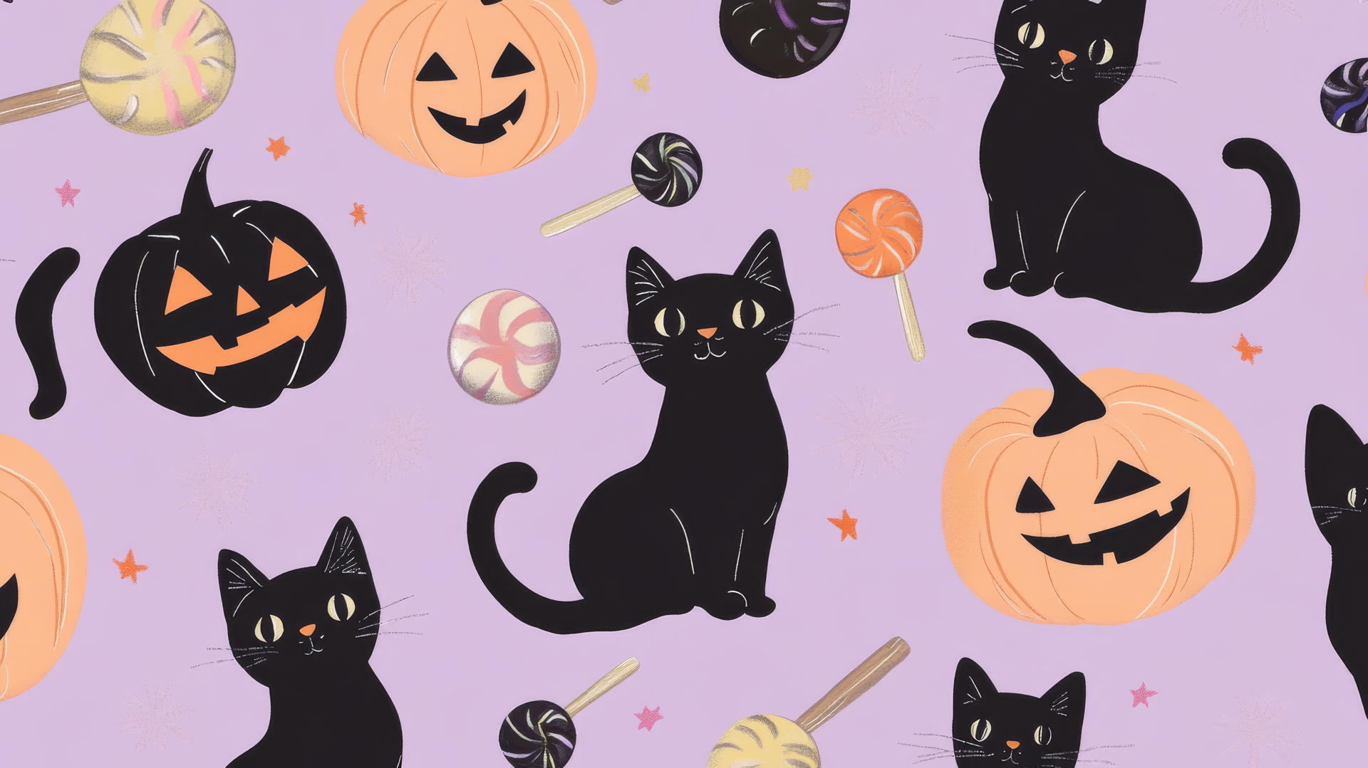 Preppy Halloween wallpaper with cats, pumpkins, candy on lavender