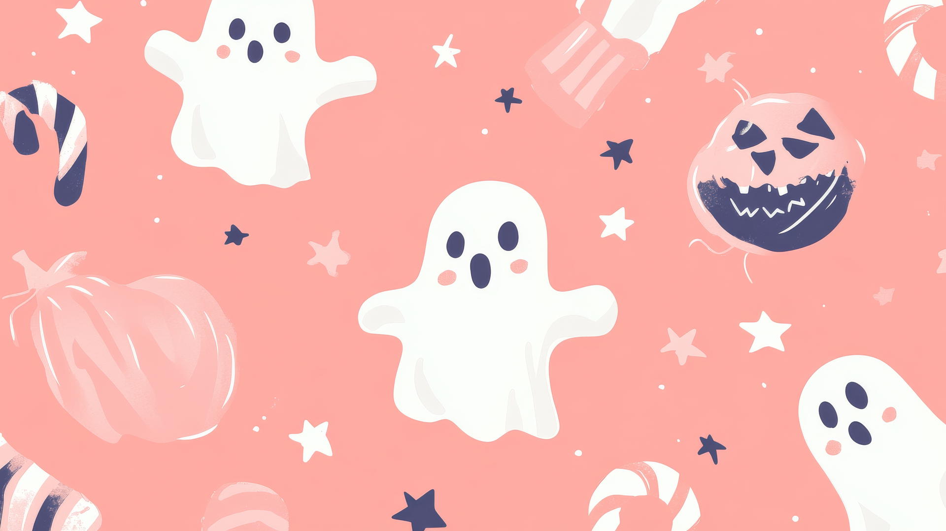Preppy Halloween wallpaper with ghosts, candy canes, stars on a pastel coral background