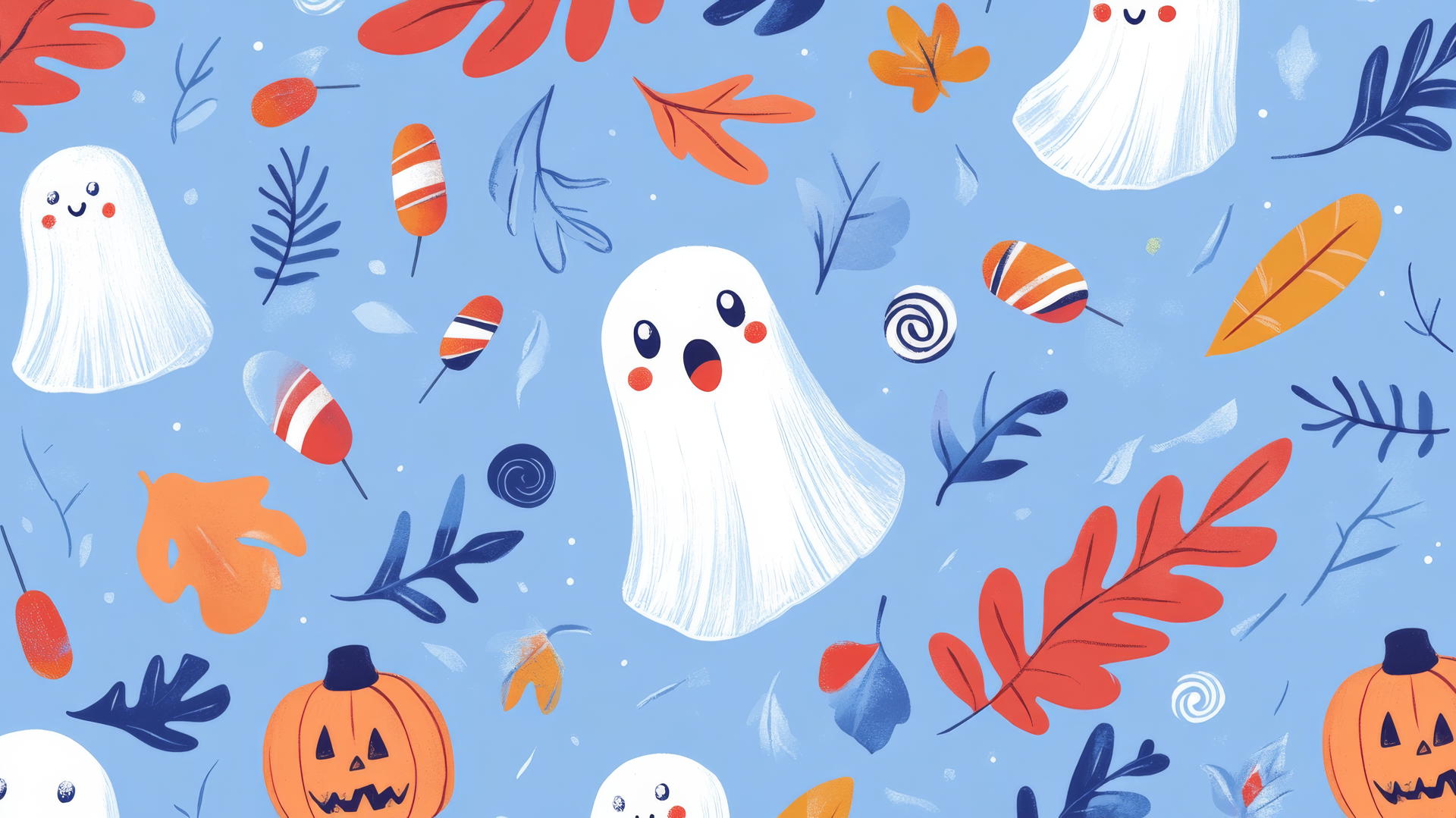 Preppy Halloween wallpaper with cute ghosts, candy, and autumn leaves on pastel blue
