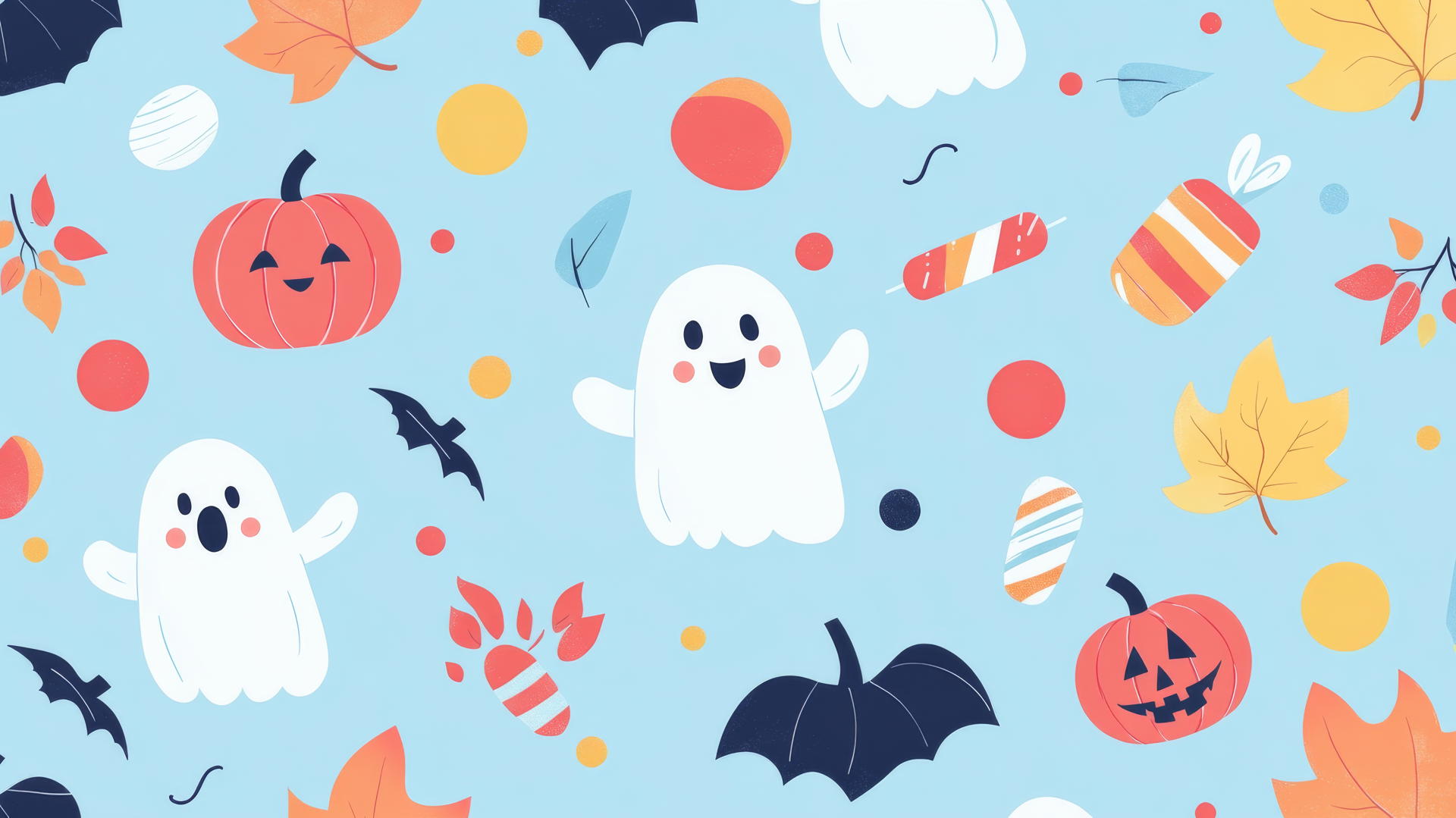 preppy halloween wallpaper with cute ghosts, candy, and autumn leaves on pastel blue background