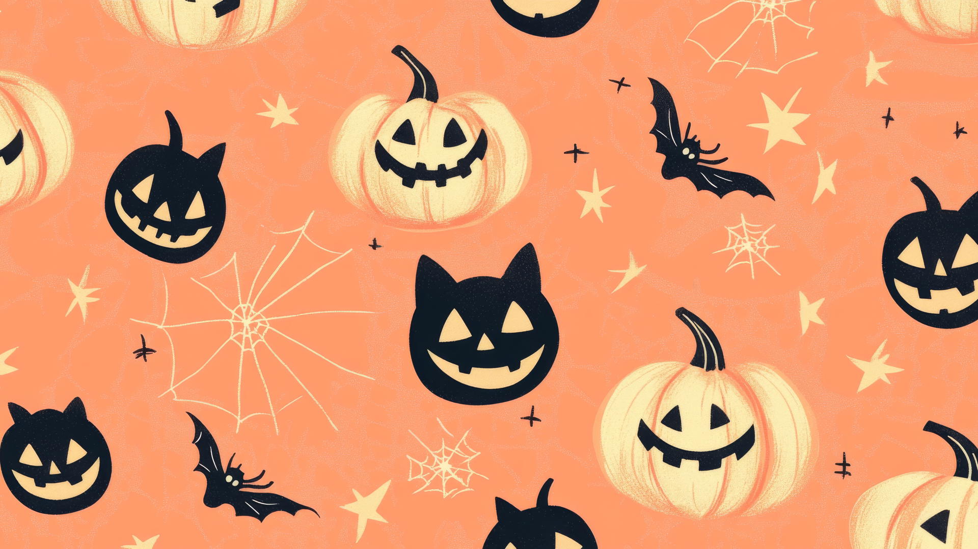 preppy halloween wallpaper with jack-o'-lanterns, black cats, spiderwebs on pastel orange