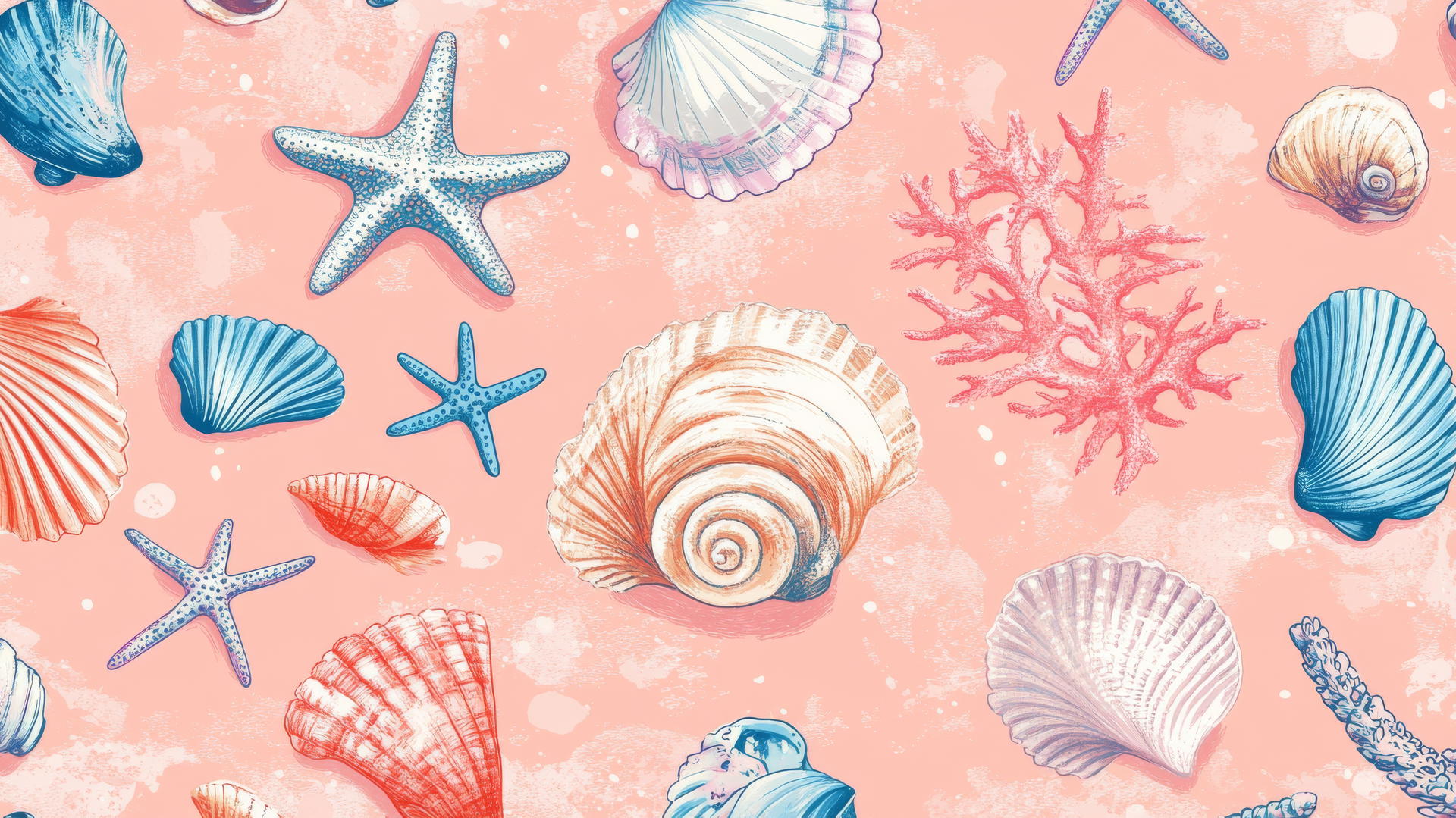 preppy summer wallpaper with hand-drawn seashells, starfish, and coral on pastel coral background