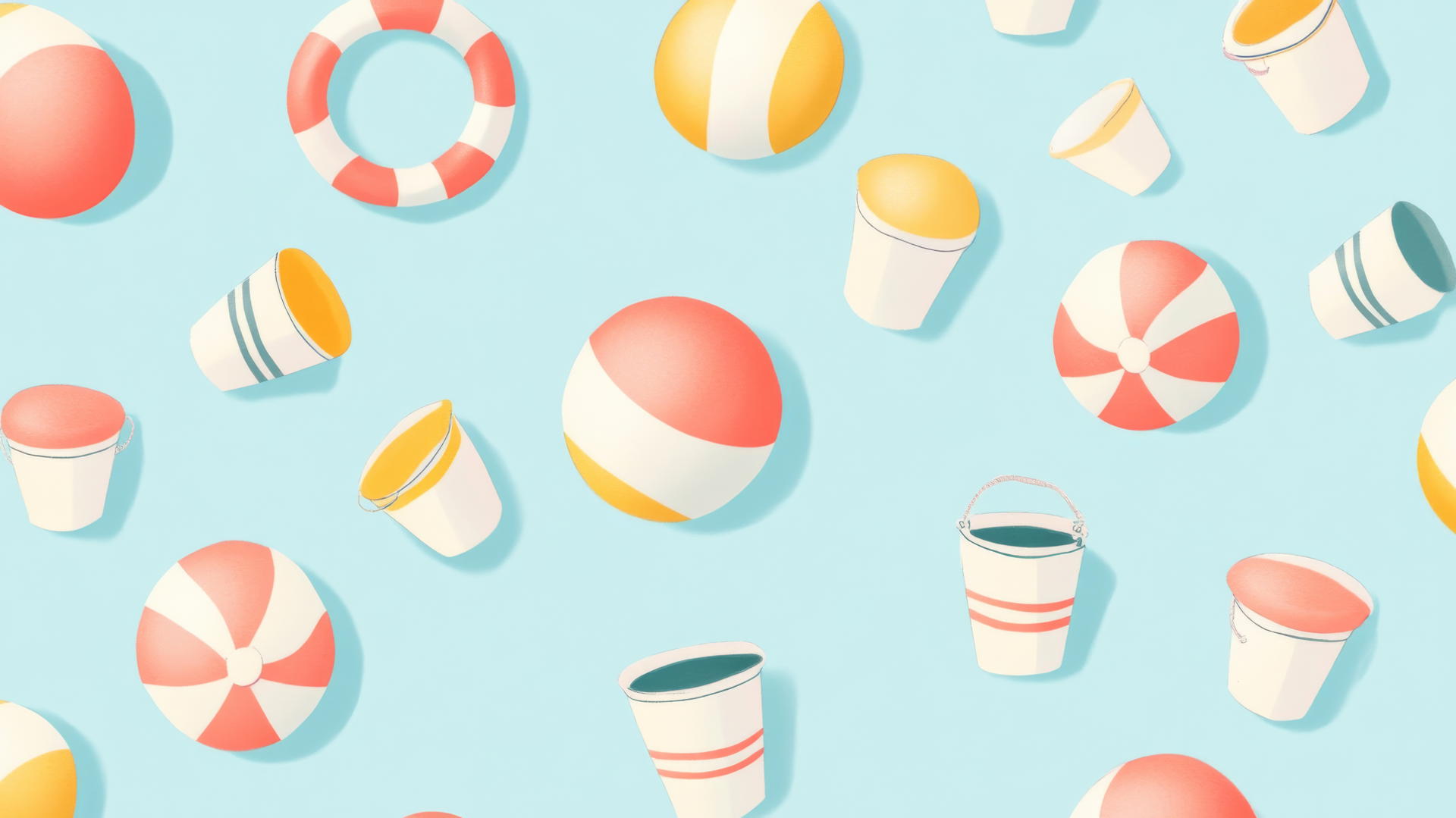 preppy summer wallpaper with cartoon-style beach balls, lifebuoys, and sand buckets on a light blue background