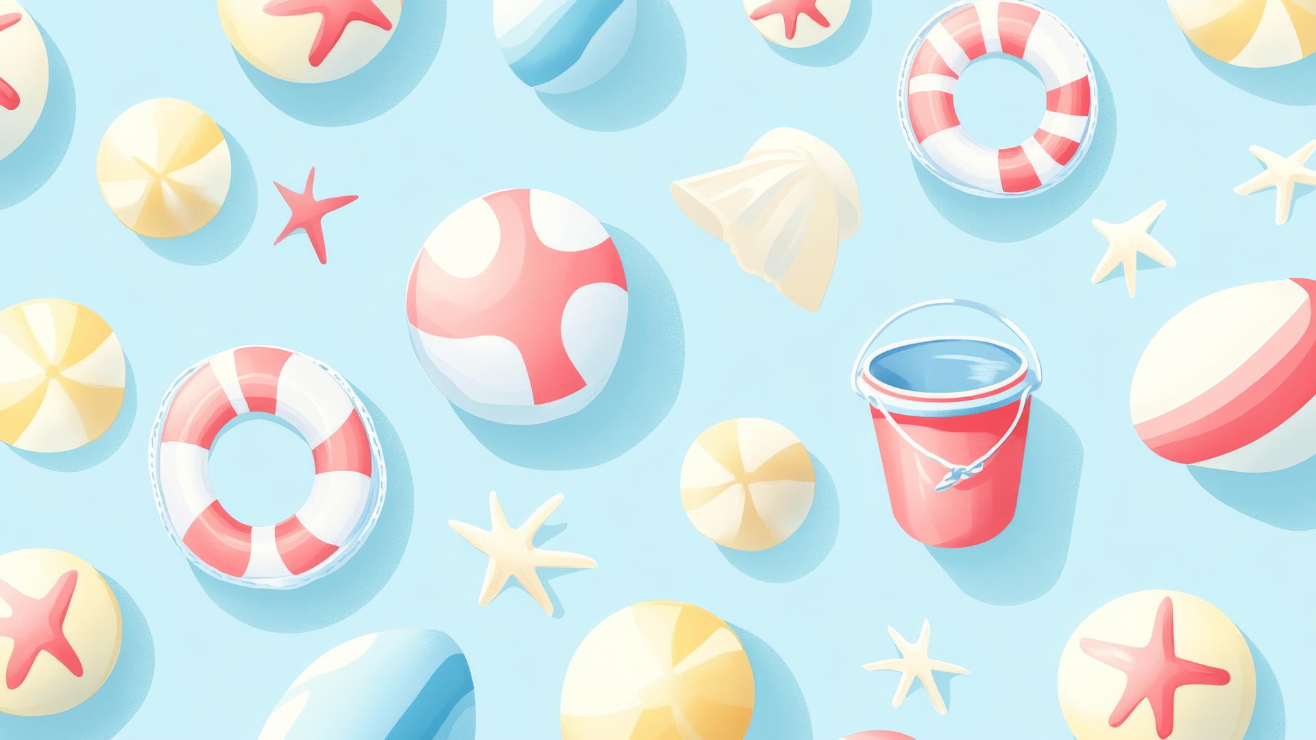 preppy summer wallpaper with cute cartoon-style beach balls, lifebuoys, and sand buckets on a light blue background