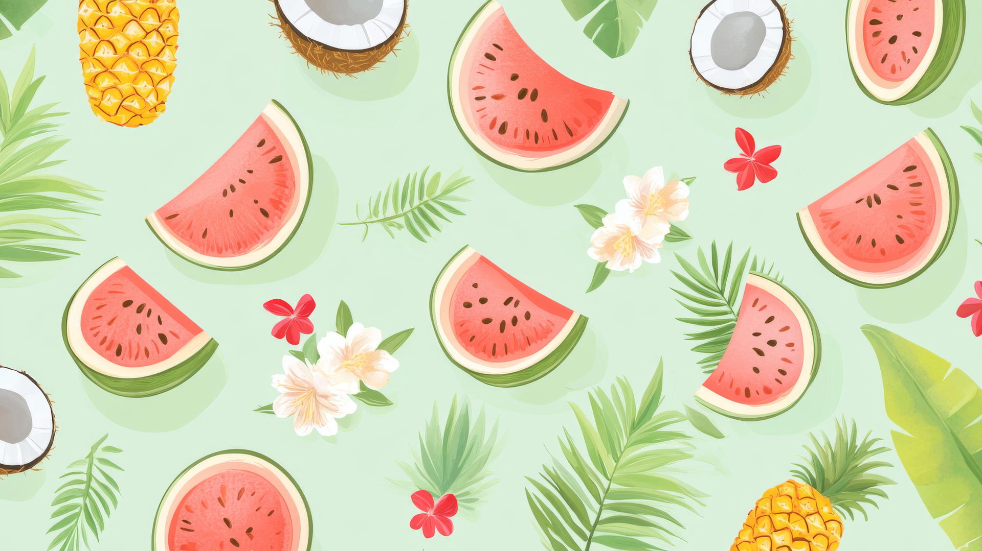 Preppy summer wallpaper with pastel tropical fruits, palm leaves, and flowers