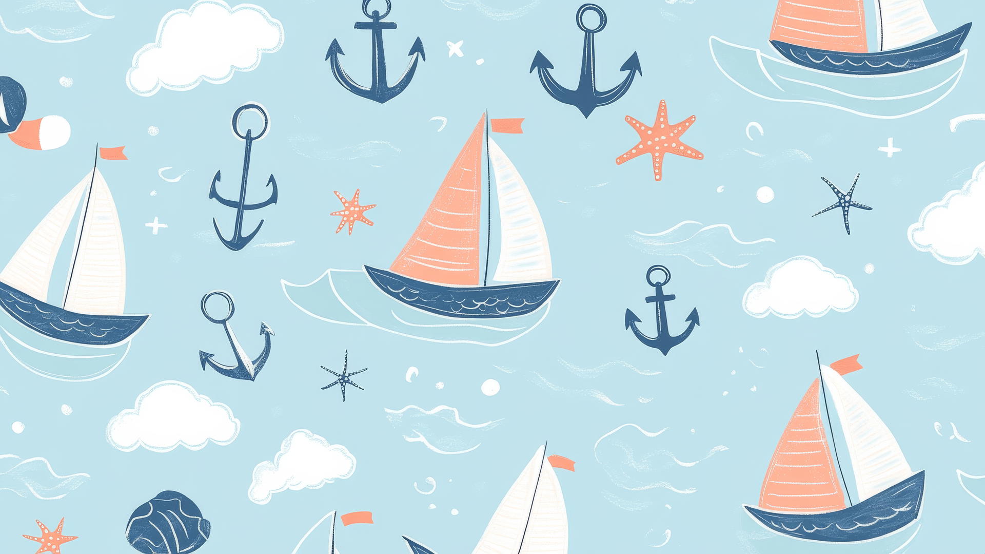preppy summer wallpaper with hand-drawn sailboats, anchors, and starfish on pastel blue