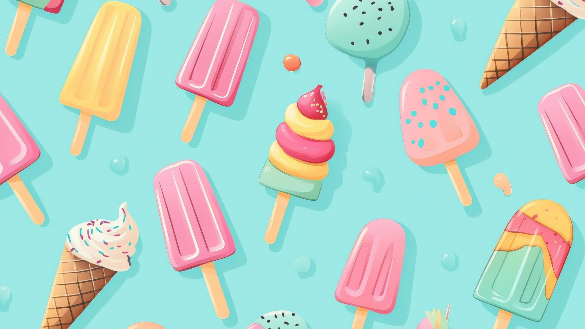 preppy summer wallpaper with cute cartoon-style ice cream cones and popsicles on light teal