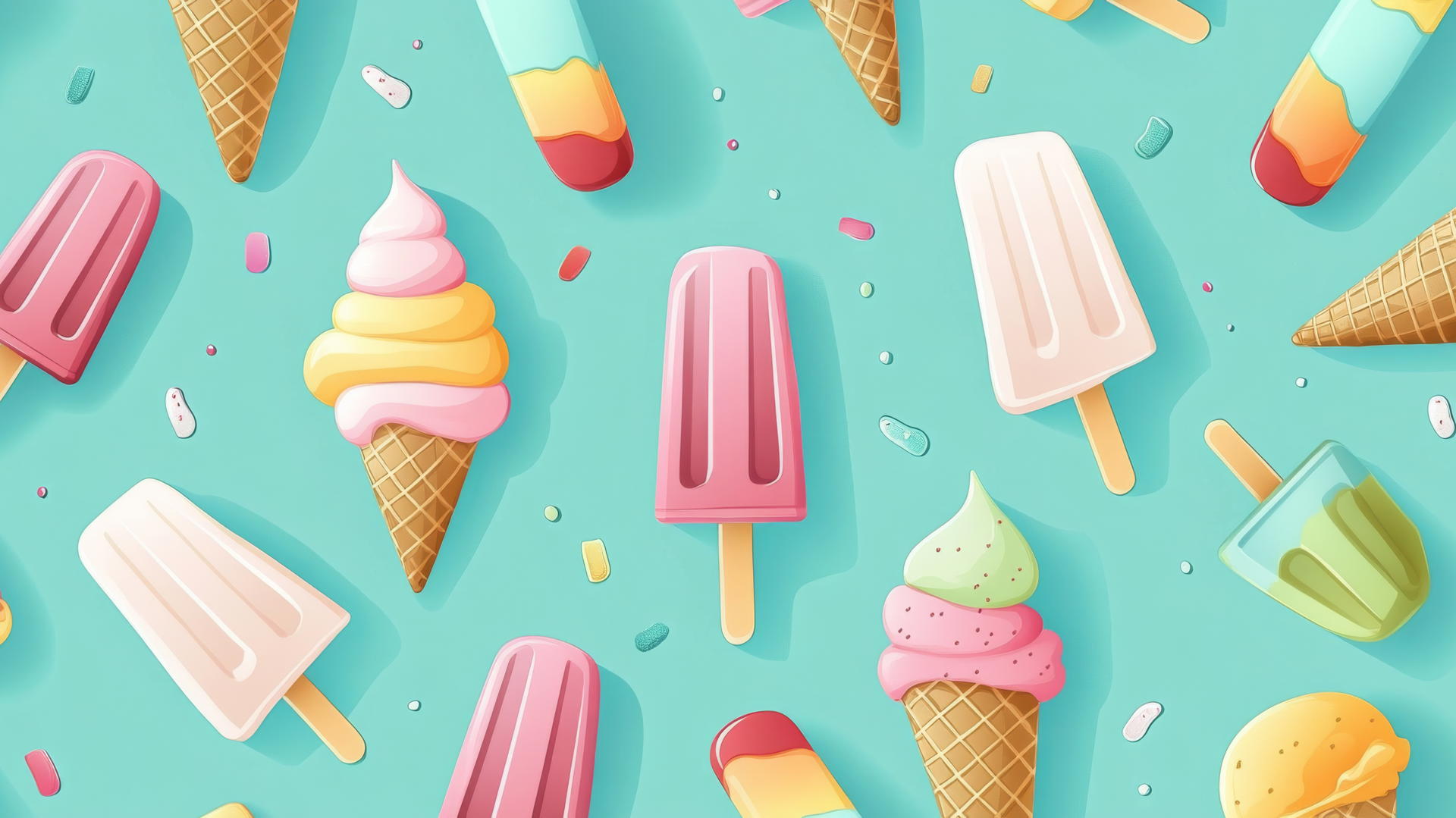 preppy summer wallpaper with cartoon ice cream cones and popsicles on light teal