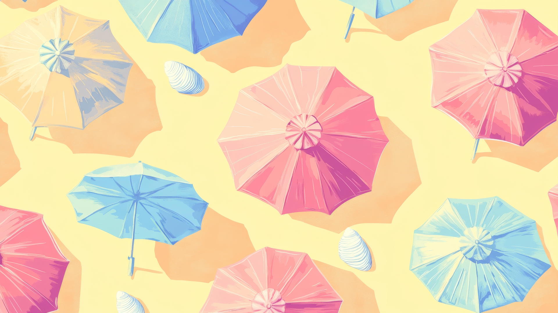 preppy summer wallpaper with pastel beach umbrellas, towels, small waves, and seashells on soft yellow background