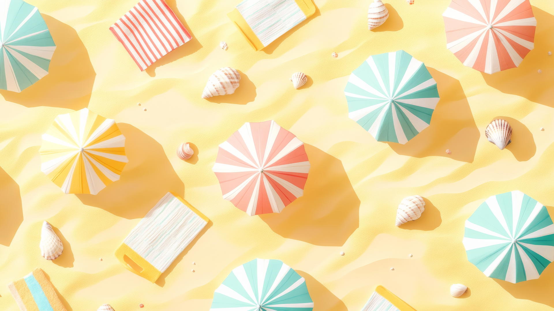 Pastel-colored beach umbrellas & towels on a breezy preppy summer wallpaper