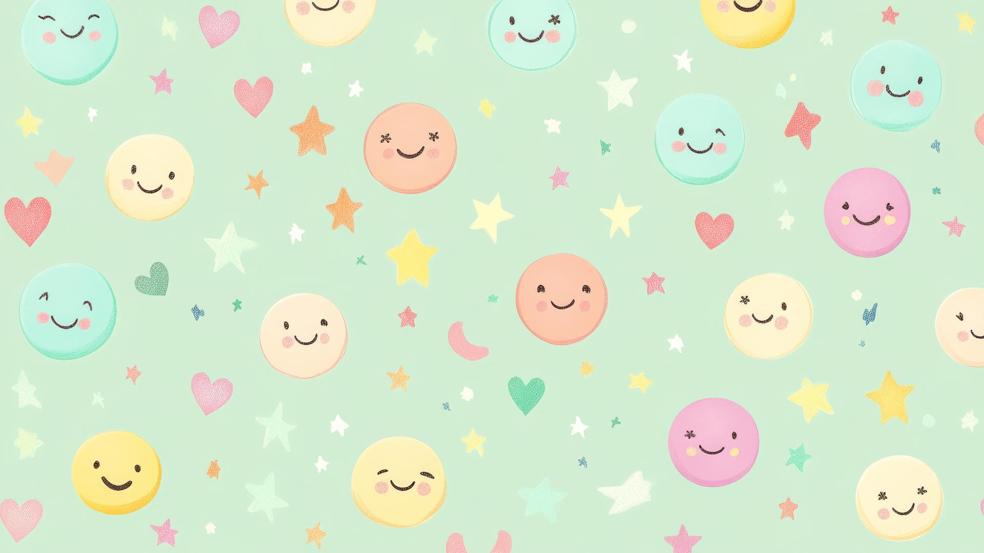 preppy wallpaper smiley face with rainbow accents, small stars, hearts on pastel green