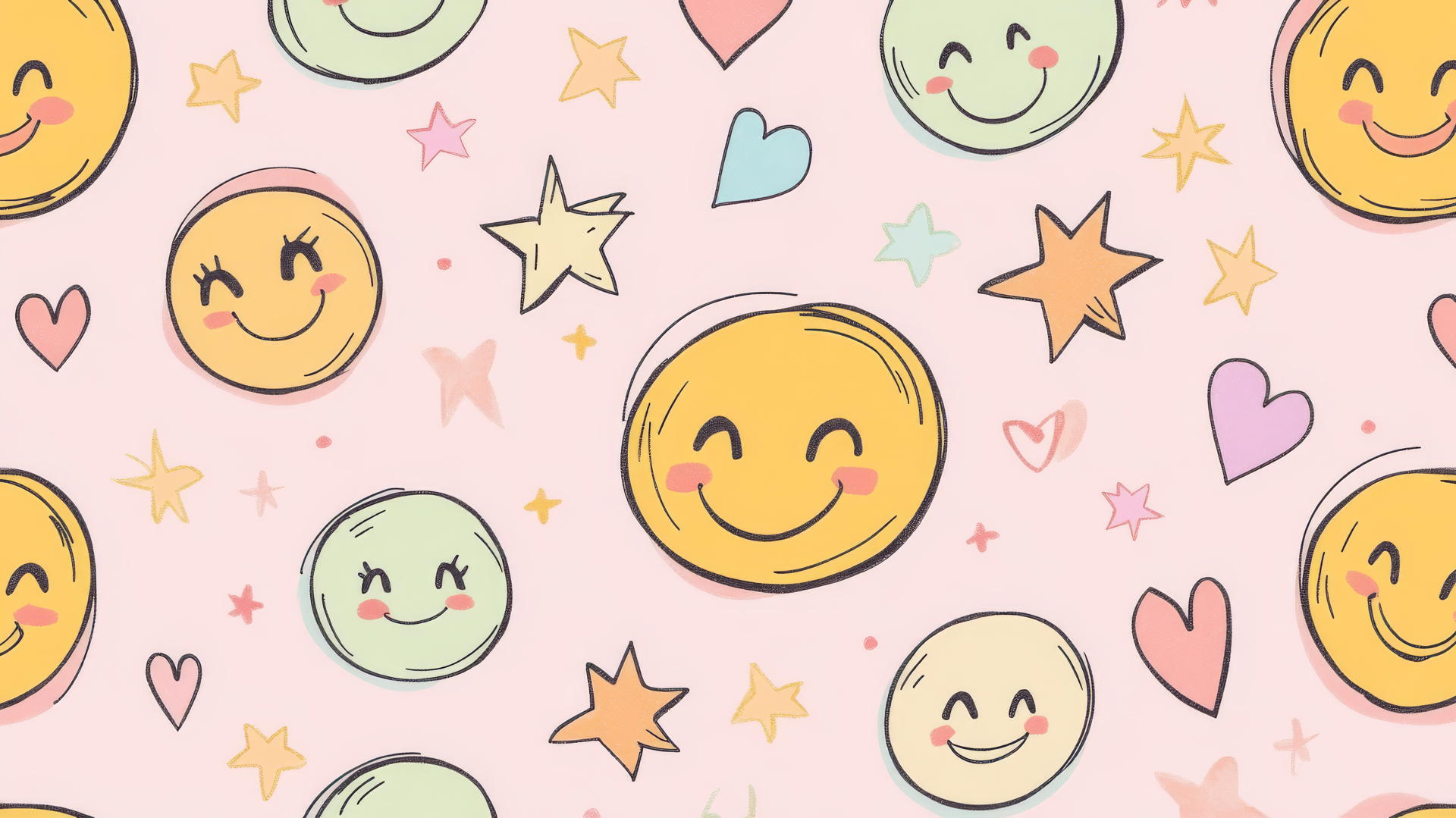 Preppy wallpaper smiley face with playful expressions, stars, and hearts on light pink background