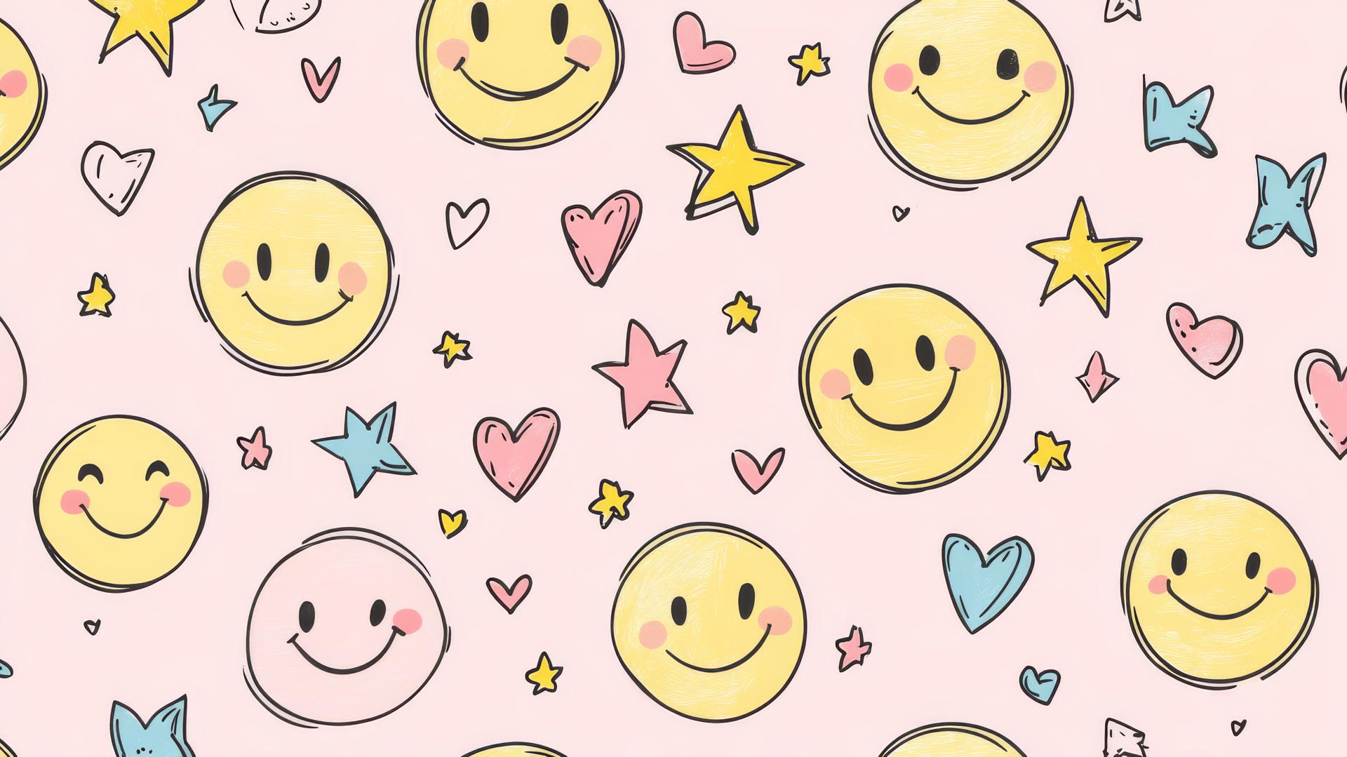 preppy wallpaper smiley face with playful expressions, stars, and hearts on light pink