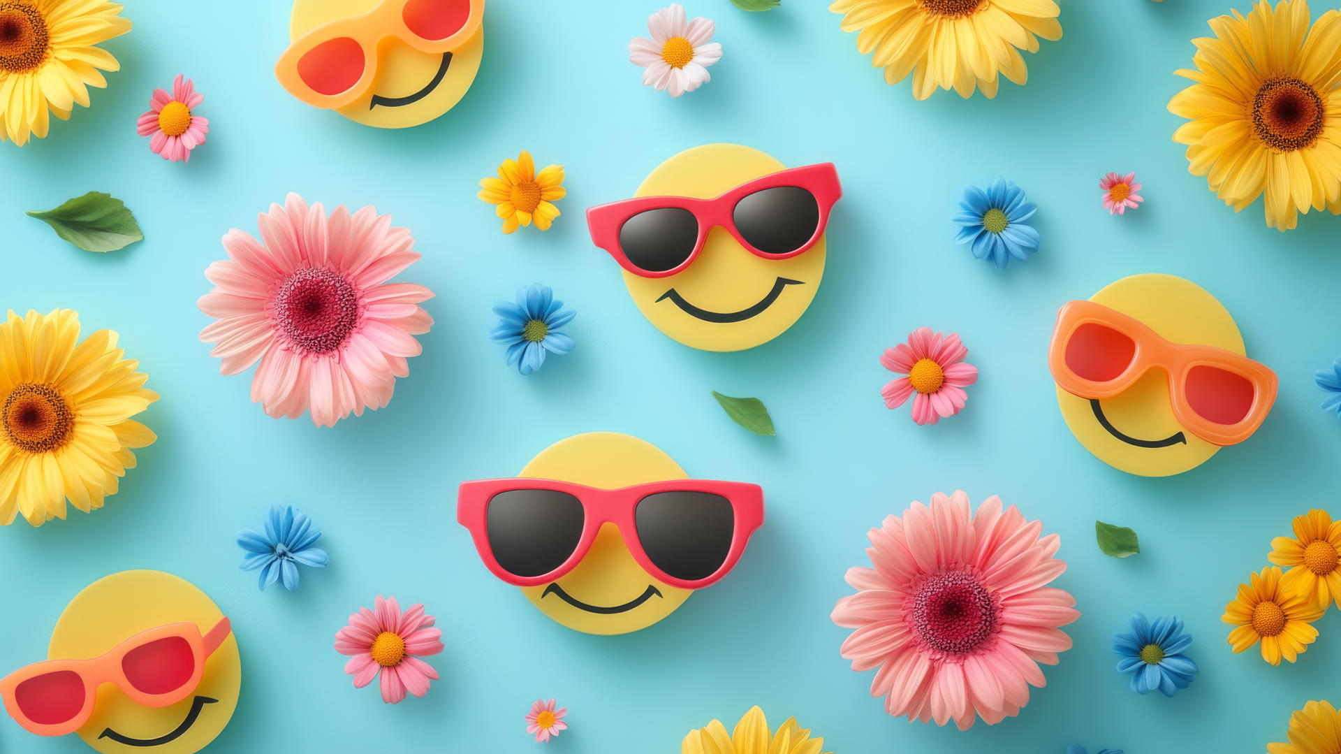 preppy wallpaper smiley face with sunglasses and flower petals on light blue background
