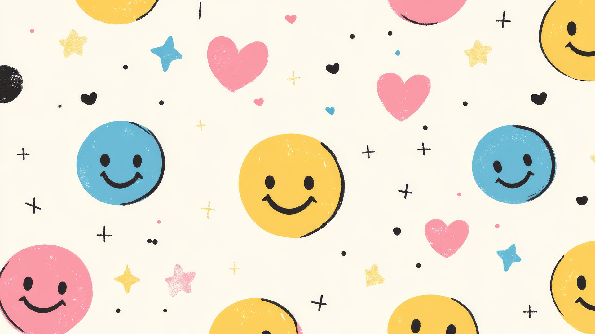 preppy wallpaper smiley face with pastel colors, hearts, and stars