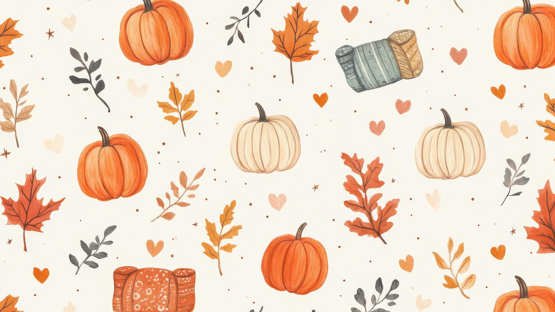 preppy autumn wallpaper with hand-drawn foliage, pumpkins, cozy blankets, hearts, and stars
