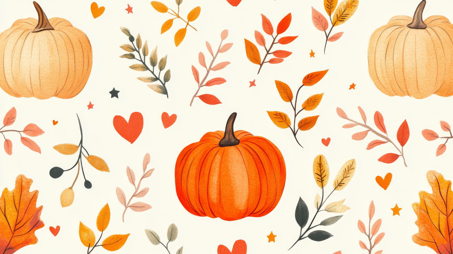 Preppy autumn wallpaper with hand-drawn foliage, pumpkins, and cozy blankets.