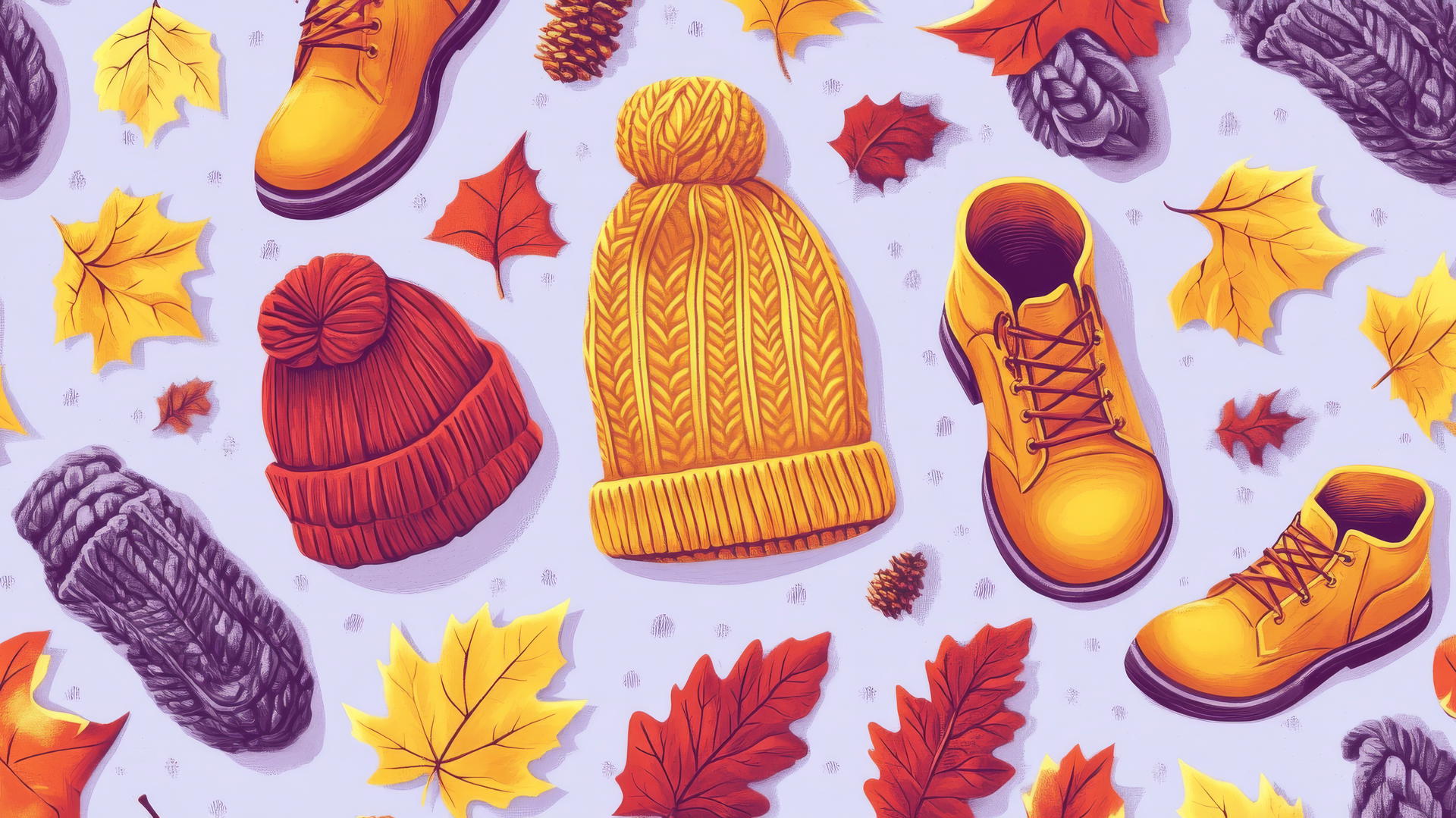 preppy autumn wallpaper with cozy accessories on pastel purple background