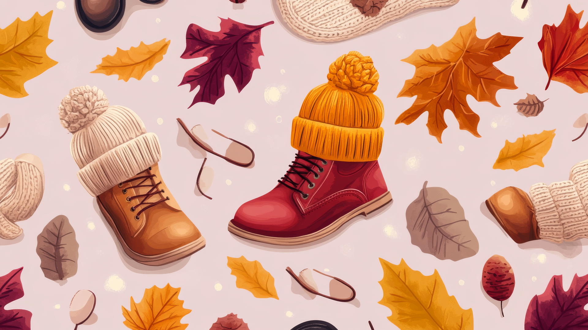 Preppy autumn wallpaper with cozy accessories like knit hats, scarves, and boots on pastel purple background.