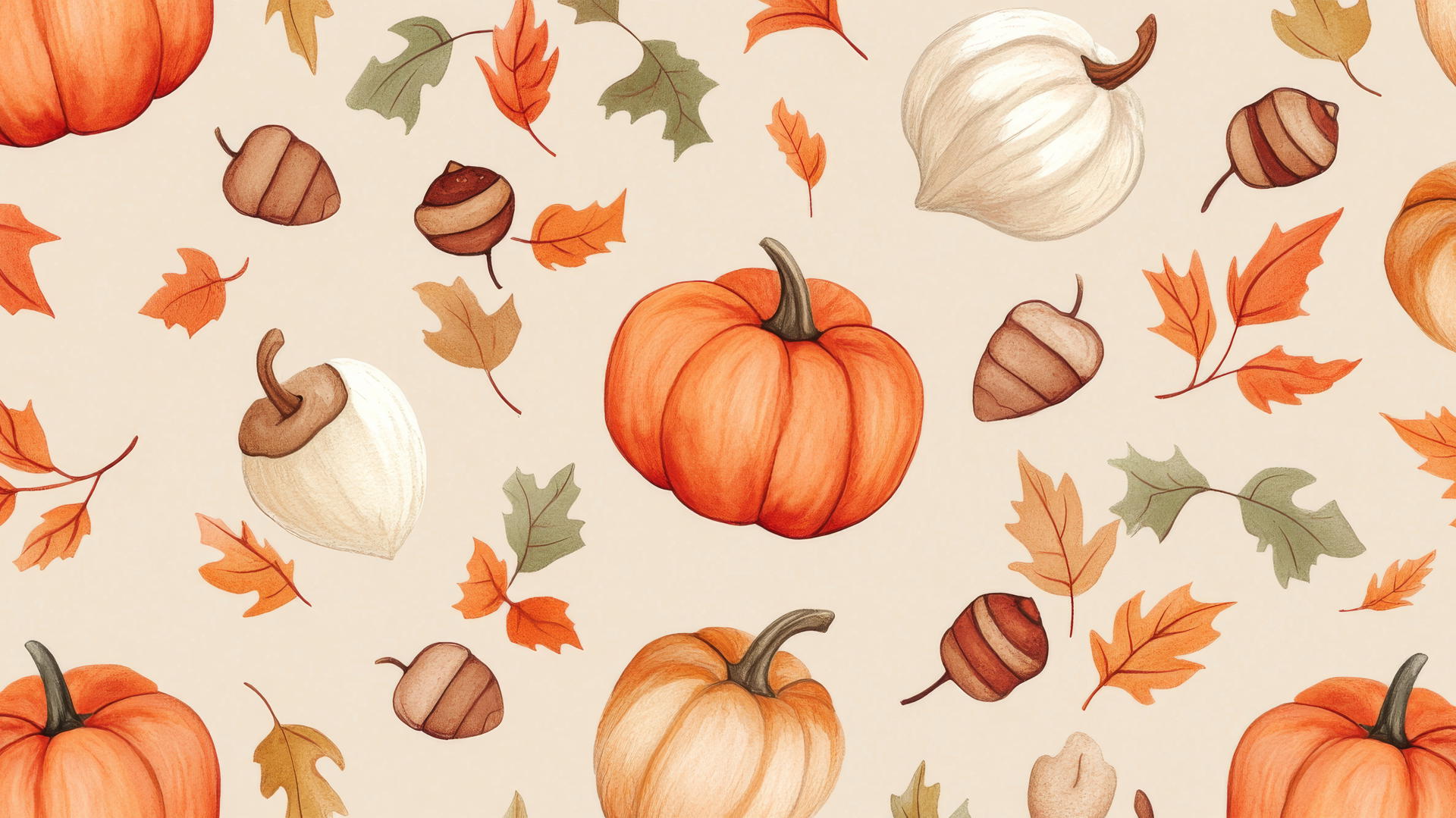preppy autumn wallpaper with hand-drawn pumpkins, acorns, and fall foliage on light brown