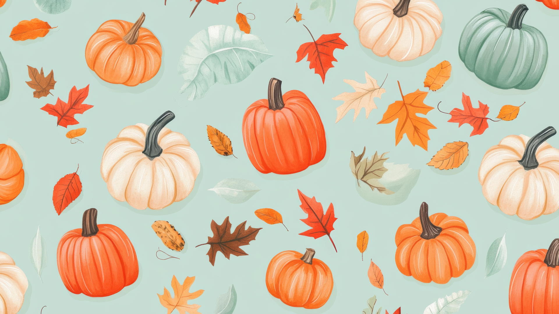 Preppy autumn wallpaper with hand-drawn pumpkins and fall leaves