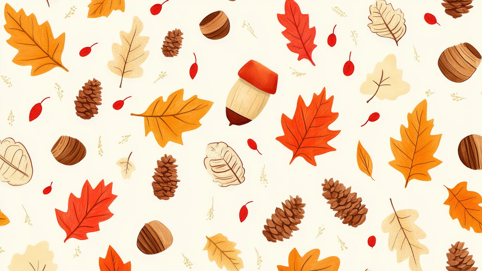 preppy autumn wallpaper with cute leaves, acorns, and pinecones on pastel beige