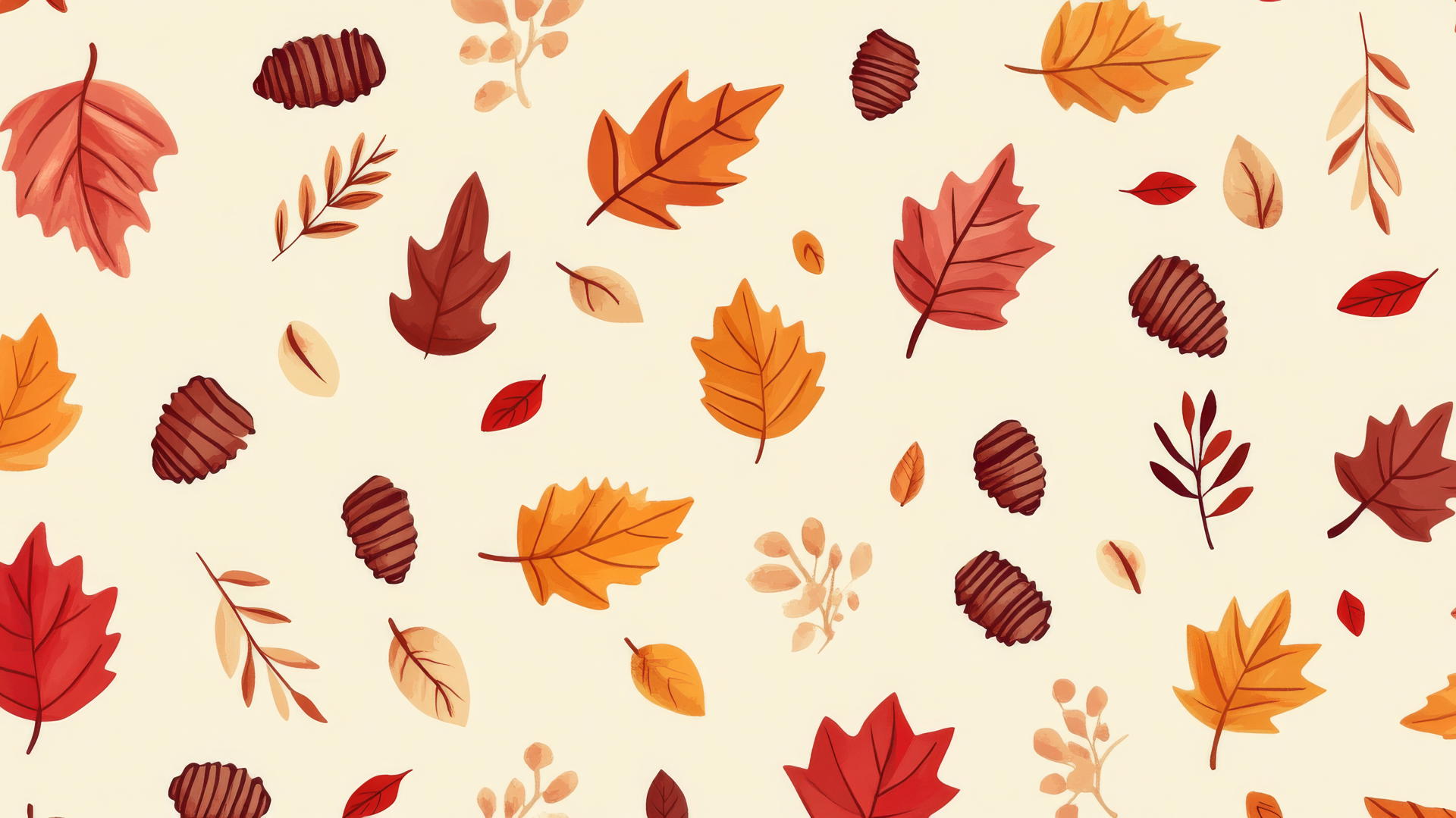 Preppy autumn wallpaper with cute autumn leaves, acorns, and pinecones on beige background.