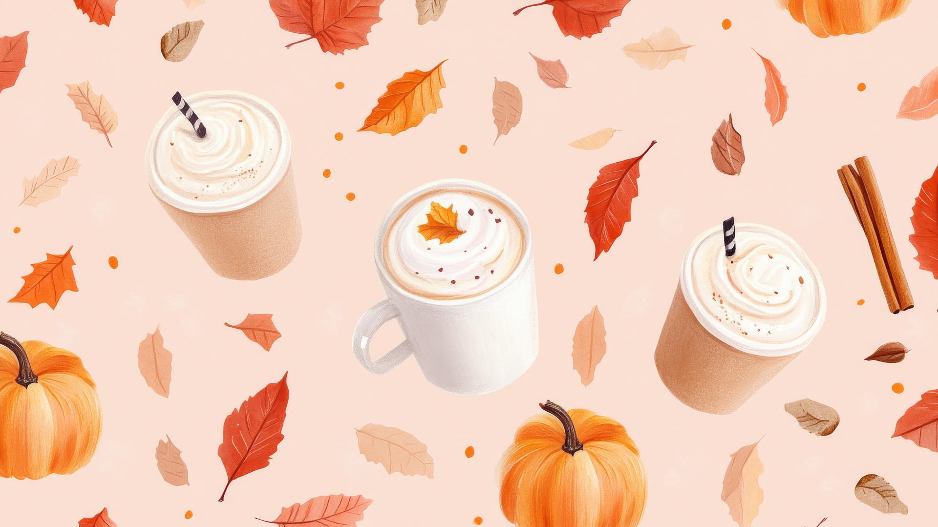 preppy fall wallpaper with pumpkin spice lattes, cinnamon sticks, and fall leaves on pastel pink