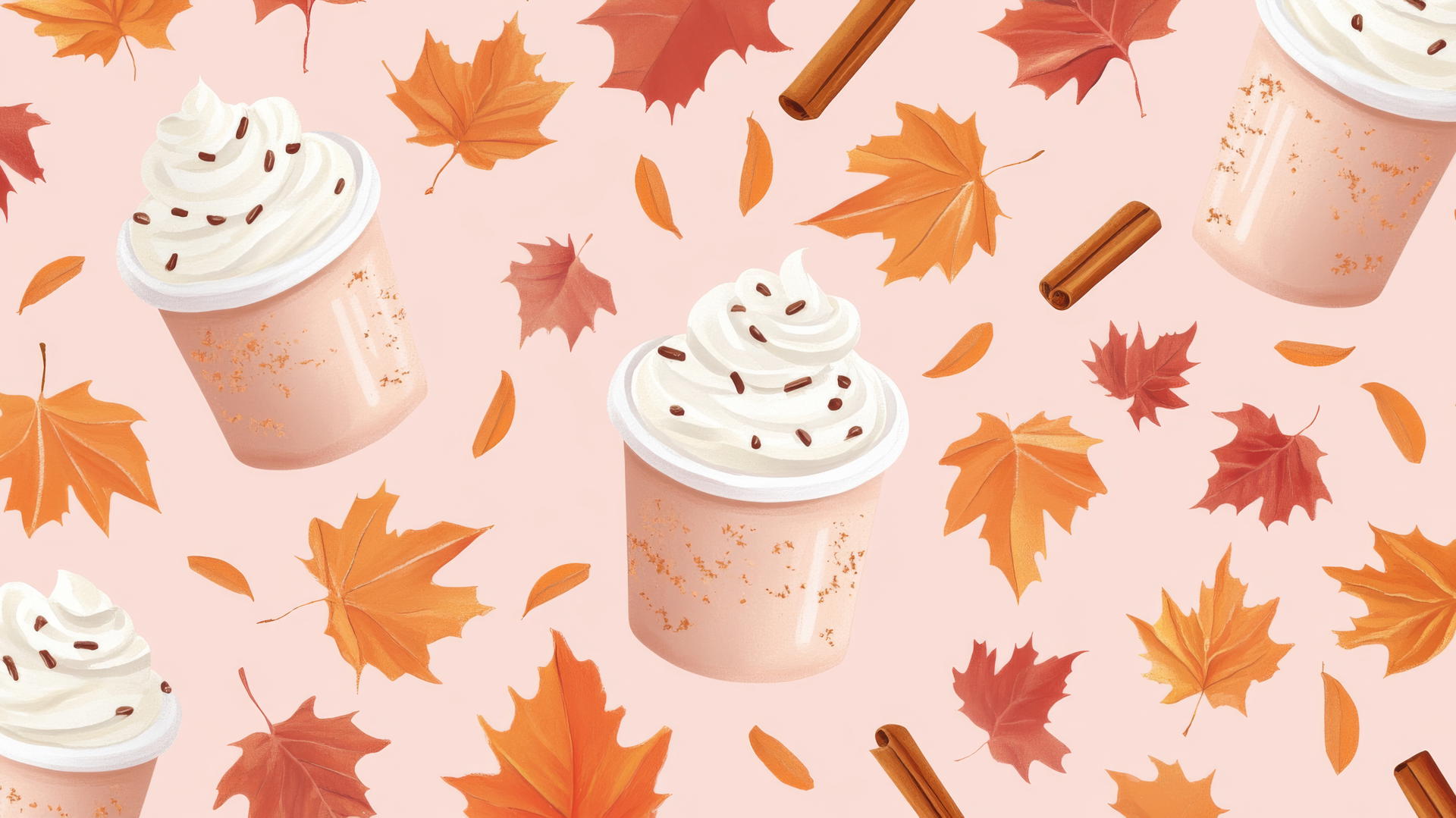 preppy fall wallpaper with pumpkin spice lattes, cinnamon sticks, and fall leaves on pastel pink