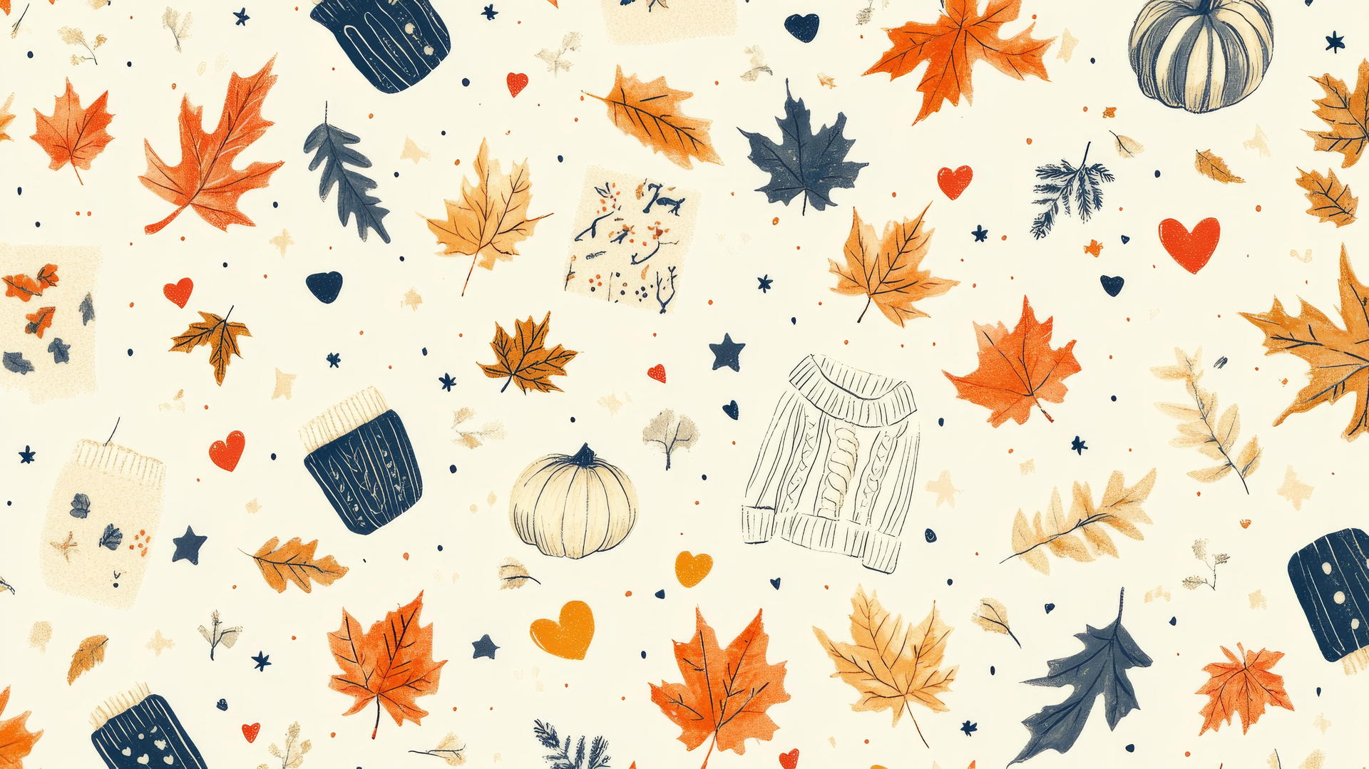 preppy fall wallpaper with hand-drawn postcards, leaves, pumpkins, and sweaters
