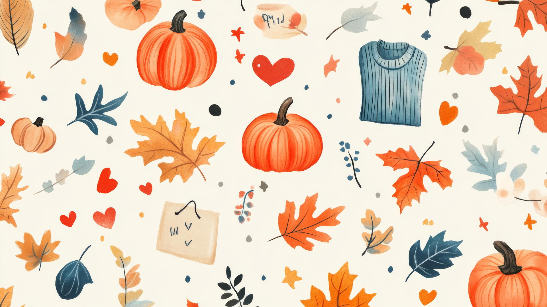 preppy fall wallpaper with hand-drawn postcards, leaves, pumpkins, and cozy sweaters on cream background