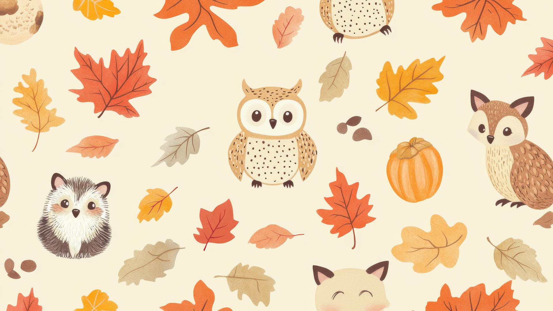 preppy fall wallpaper with pastel woodland creatures and autumn leaves