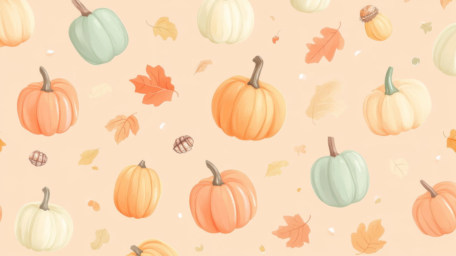 Preppy fall wallpaper with pastel pumpkins, leaves and acorns