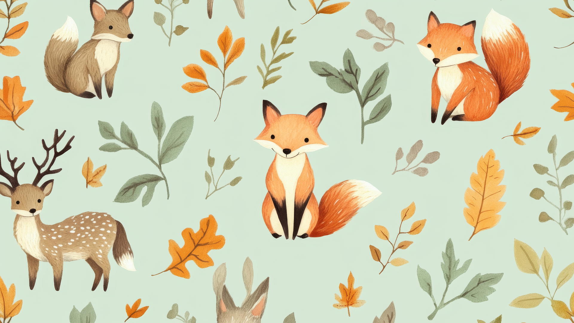 preppy fall wallpaper with hand-drawn foxes, squirrels, deer, and fall foliage on mint green