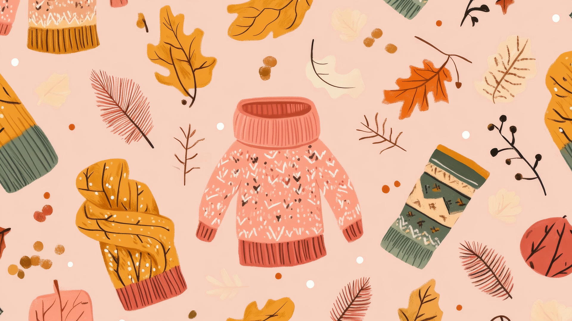 preppy fall wallpaper with knit sweaters, scarves, mittens on pastel pink