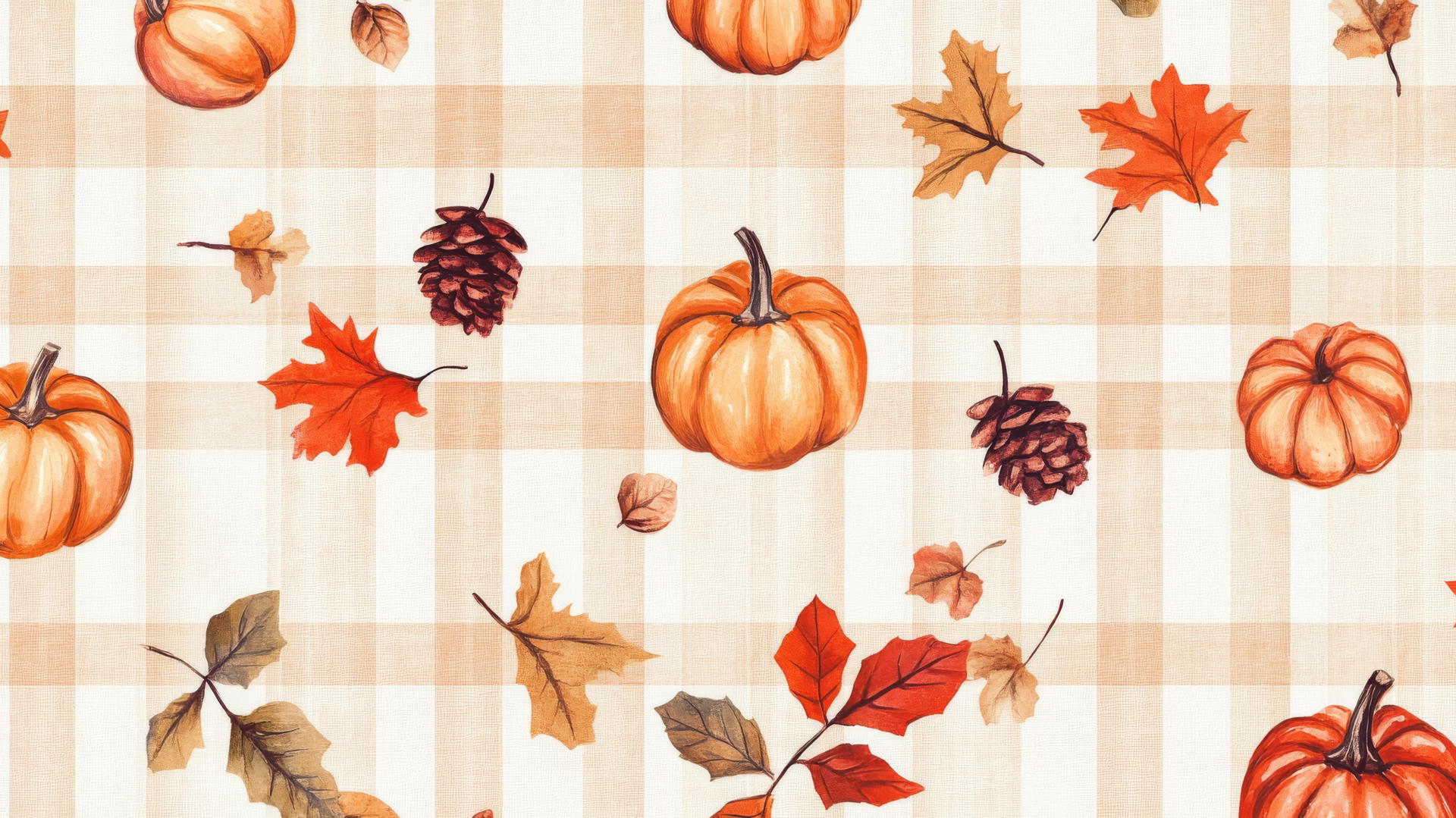preppy fall wallpaper with plaid, apples, pumpkins, and leaves in orange and cream