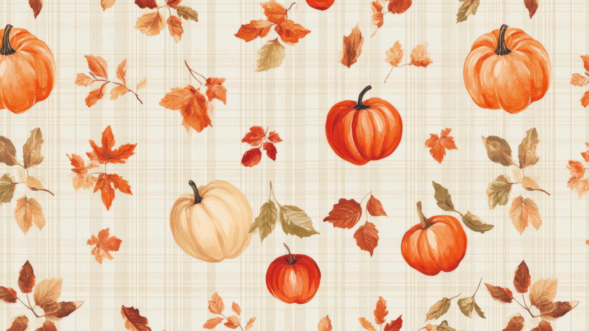 preppy fall wallpaper with plaid pattern, apples, pumpkins, and leaves in orange and cream colors