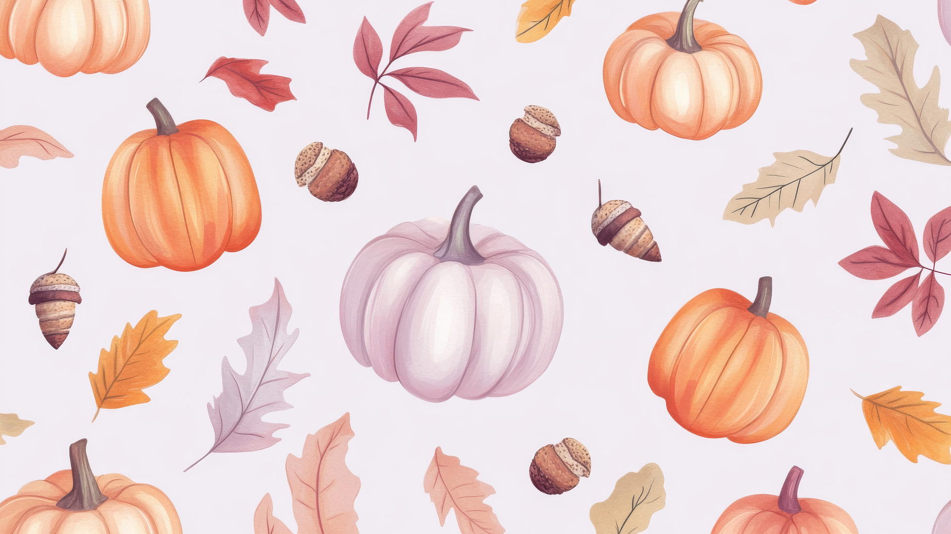 preppy fall wallpaper with pastel pumpkins, acorns, and fall leaves on light lavender